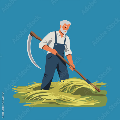 Elderly farmer harvests hay with a scythe in a stylized field