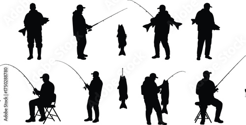 Silhouette of fishermen holding fish and fishing rods, successful catch, outdoor fishing activity, peaceful angler lifestyle, nature recreation and sport