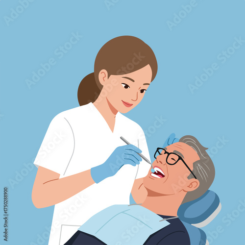 Friendly dental professional examines patient's mouth with a tool