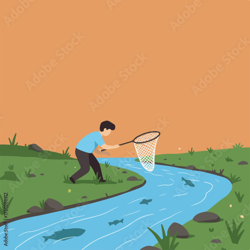 Child with net catches fish in a stream
