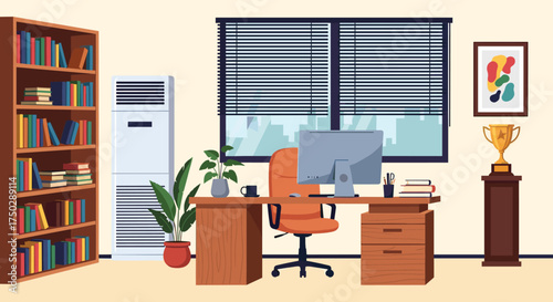 A cozy home office with bookshelves computer and trophy.