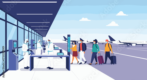 People with luggage walking towards airplanes at a modern airport terminal with social distancing measures in place.