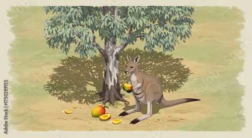 Whimsical illustration of a relaxed kangaroo slowly eating a bright mango in the soft dappled shade of a leafy tree.. AI Generated