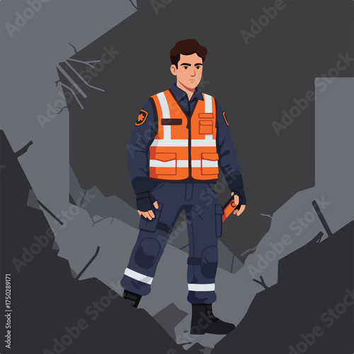 A person in emergency responder uniform stands amidst rubble