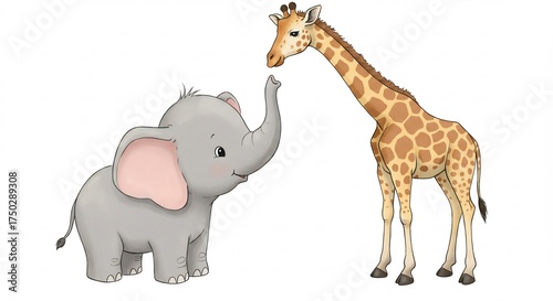 Cute baby elephant sweetly reaches its trunk toward a friendly towering giraffe in a charming cartoon drawing style. AI Generated
