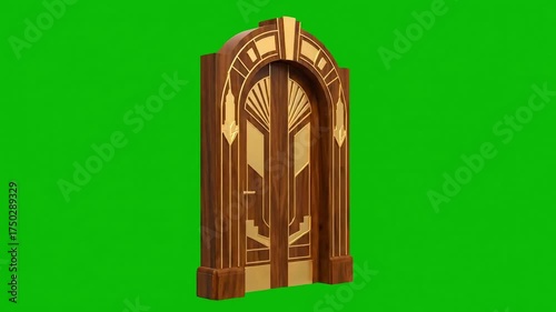 Elegant vintage wooden doorway with art deco design elements against a green screen background