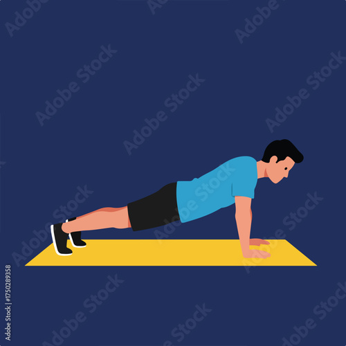 Flat design of a person performing a push-up on a yellow mat