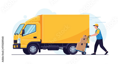 A delivery worker is loading a box onto a truck for transport and logistics purposes.