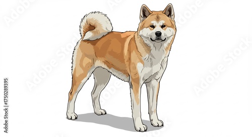 Standing proud Akita dog illustration with a fluffy curled tail clean digital art on a bright white background. AI Generated