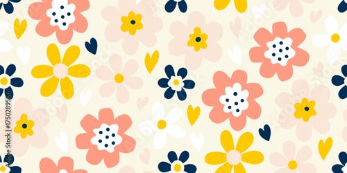 Charming seamless pattern with abstract floral motifs and hearts in pastel colors