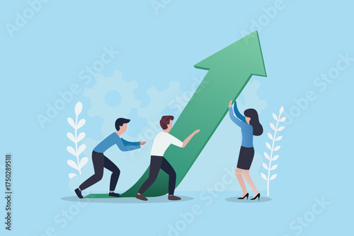 Teamwork and collaboration driving business growth and success with a rising green arrow