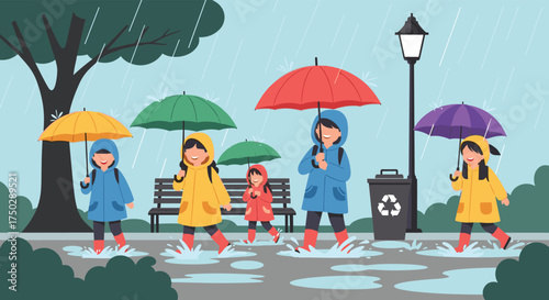 Children in colorful raincoats and boots splashing in puddles on a rainy day.
