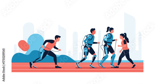 Athletes and robotic exoskeletons demonstrating future of human performance.