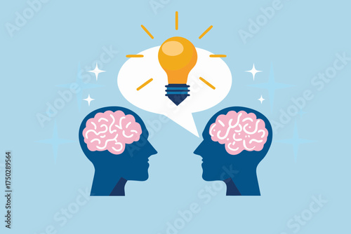 Two human heads with brains inside facing each other with a lightbulb idea in a speech bubble above them
