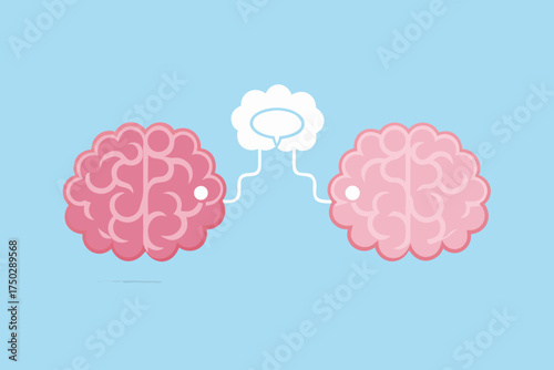 Two pink brains communicating ideas through a speech bubble cloud on a light blue background