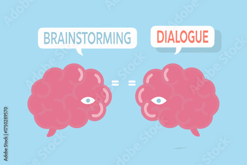 Two cartoon brains with speech bubbles showing brainstorming and dialogue are equal to each other