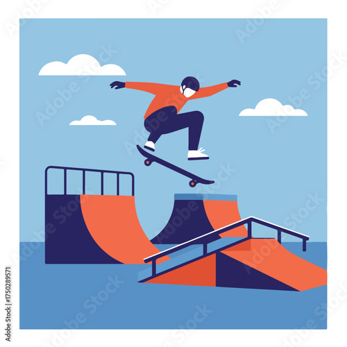 Skateboarder in mid-air performing a trick over ramps against a sky with clouds