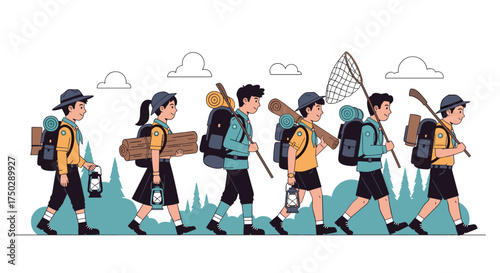 A group of children dressed in scout uniforms embark on a camping adventure together.