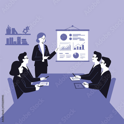 Diverse professionals in a meeting, presenting charts and taking notes