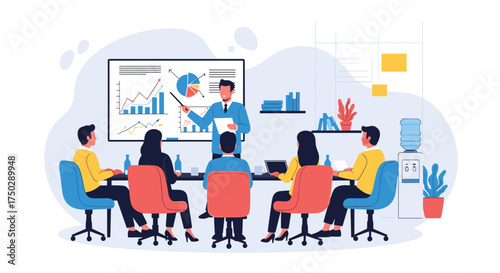 A group of people are attending a business meeting in a conference room where a presenter is explaining data on a whiteboard.