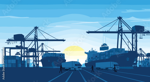 Sunrise over a busy industrial port with large cargo ships and cranes.