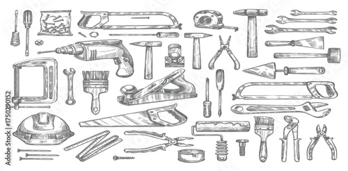 vector work tools sketch icons for house repair