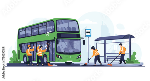 A team of workers cleans the street and bus stop next to a green bus.