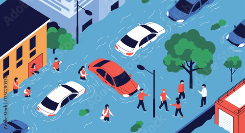 People navigating submerged city streets with cars stuck in floodwaters.