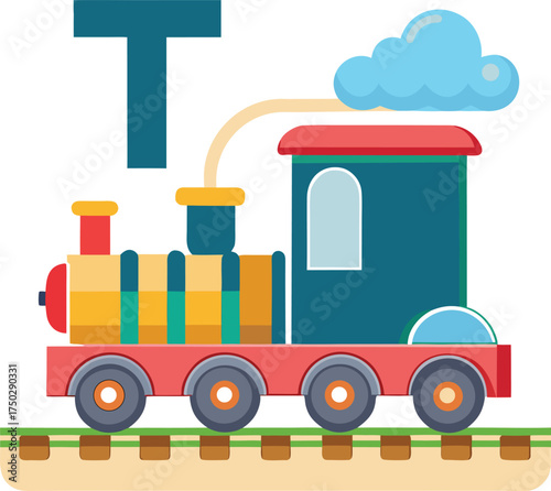 Colorful cartoon letter t train with a cloud isolated on white background
