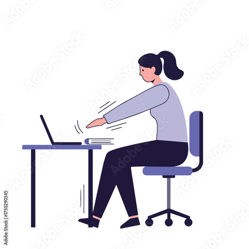 Woman at desk, typing, with book