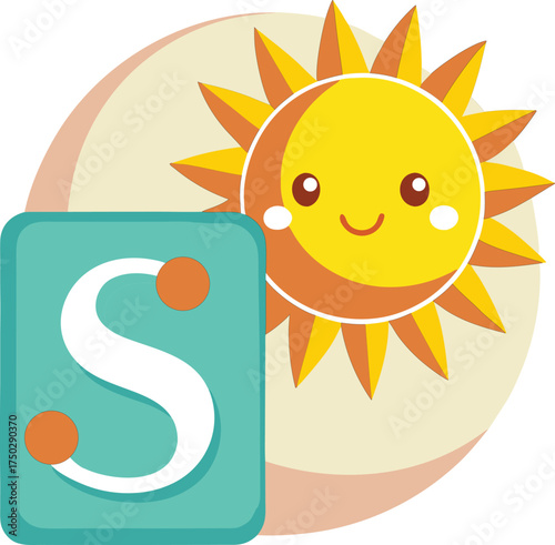 Cute cartoon sun with a letter s tile isolated on white background
