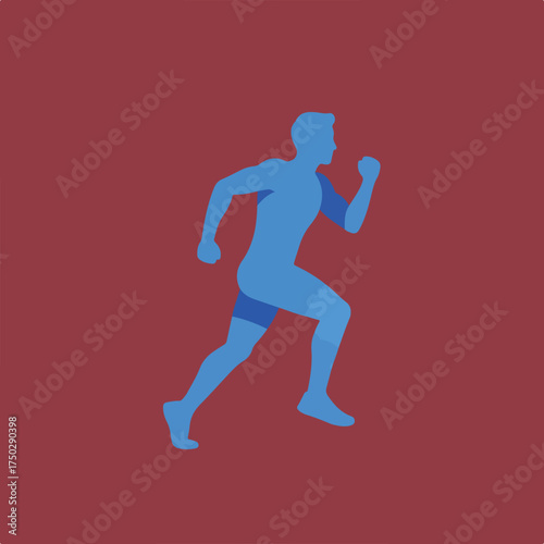 Blue silhouette of a runner in motion against a solid maroon background