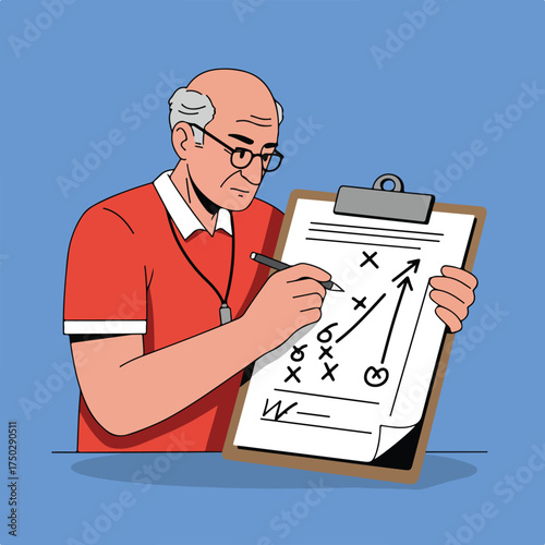 Bald coach with glasses in red shirt draws playbook on clipboard