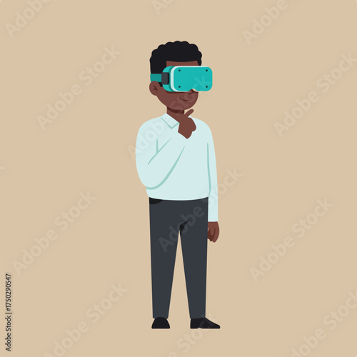 Young man in light blue shirt and dark pants, wearing a virtual reality headset