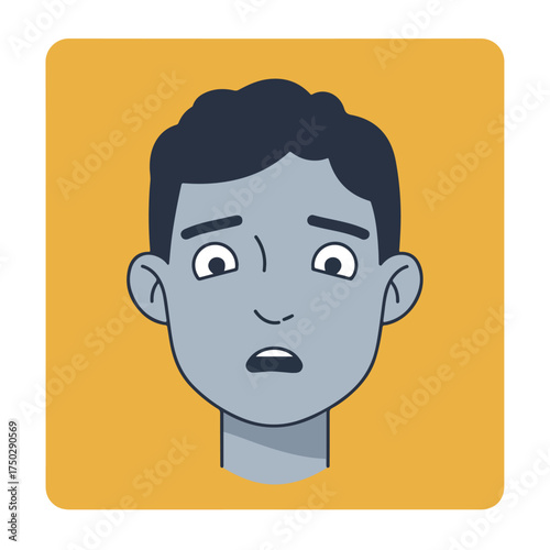 A distressed cartoon face with wide eyes and an open mouth on a yellow background