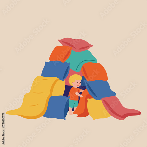 A boy plays inside a colorful pillow fort