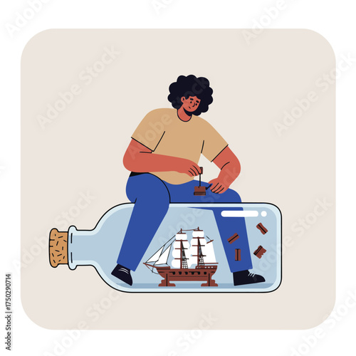 Person assembling a ship model inside a bottle