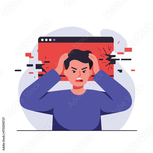 Frustrated person holds head near broken digital screen, shouting in anger