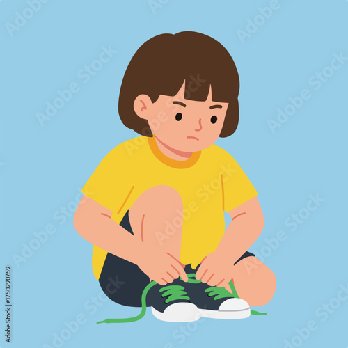 Child intently tying shoelaces, focused expression, blue background