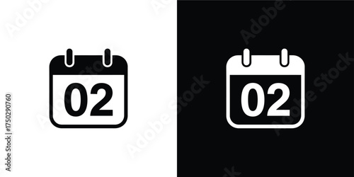 Calendar Icon with Number 02 in White and Black Colors for UI Design Elements