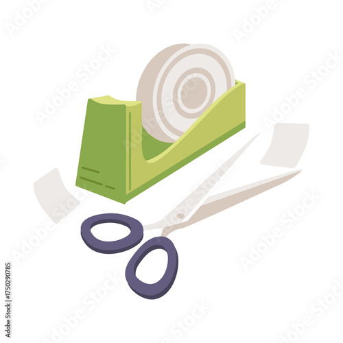 Isometric View of Office Supplies Isolated on Transparent Background Featuring Green Tape Dispenser Scissors and Paper Fragments
