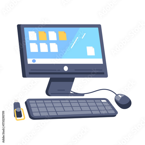 Pixelated Computer Desktop Displaying Files and Folders with Keyboard Mouse and Stylus on Transparent Background