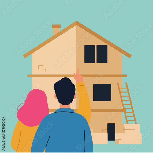 Two people look at a house with a ladder