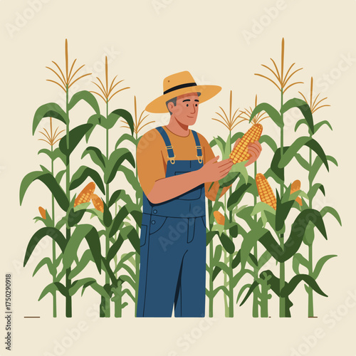 Farmer examining corn harvest in a field