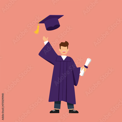 Joyful graduate in purple robes throws cap in air holding diploma