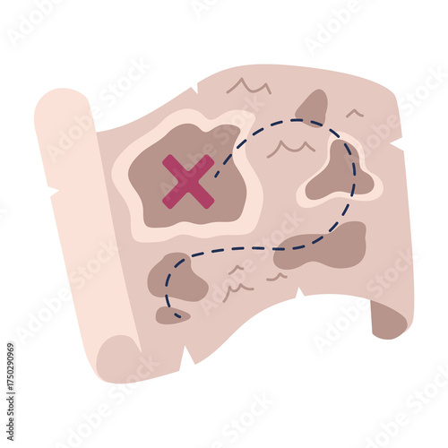Vintage Treasure Map Illustration with Red X Marked Destination and Dotted Line Path on Transparent Background