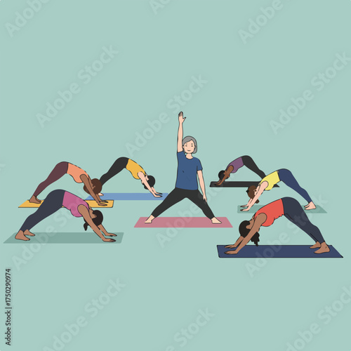 People practicing yoga poses on mats, led by an instructor