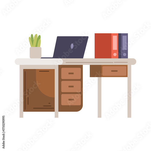 Office Desk With Laptop Plant and Filing Folders with Transparent Background