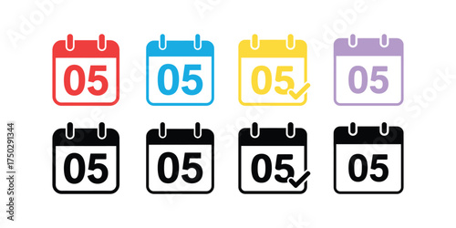 Calendar Icons Displaying the Fifth Day in Red, Blue, Yellow, Purple, and Black