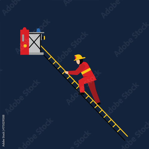 Firefighter climbs ladder toward rescue equipment on dark blue background